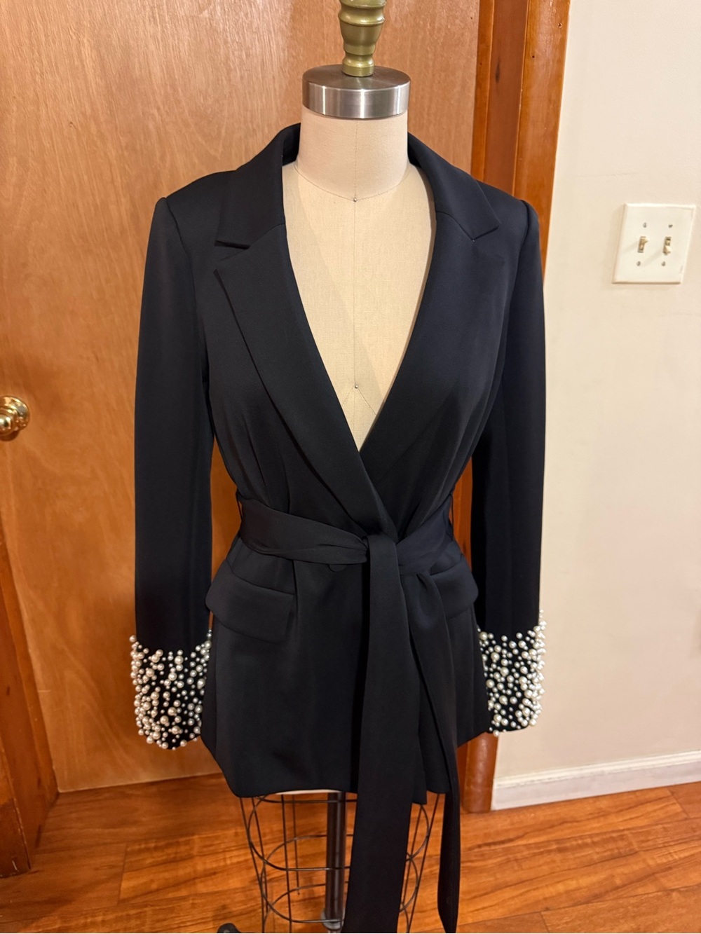 Badgley Mischka Black Blazer with Pearl-Embellished Cuffs